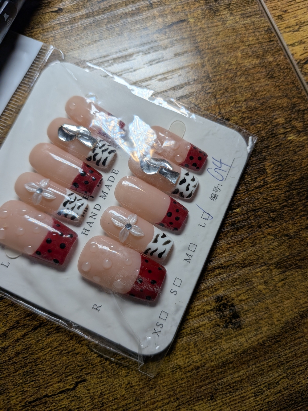 Handmade Press-On Nails in Nude, Red & White